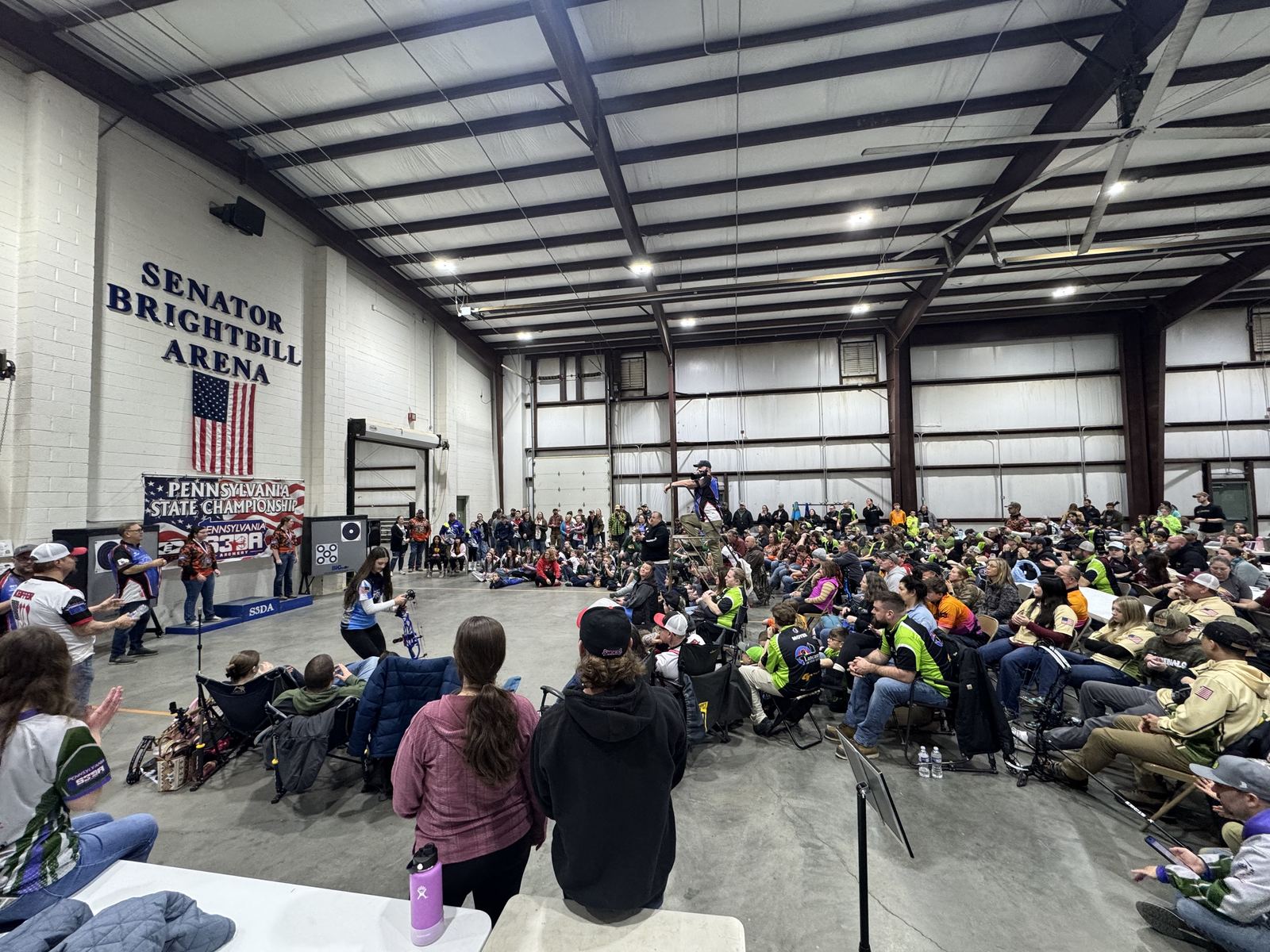A crowded awards ceremony at the state indoor championship